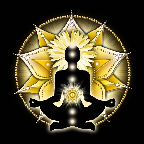 Solární Plexus Čakra Meditace Jogínském Lotosu Pózovat Před Symbolem Manipura — Stock fotografie