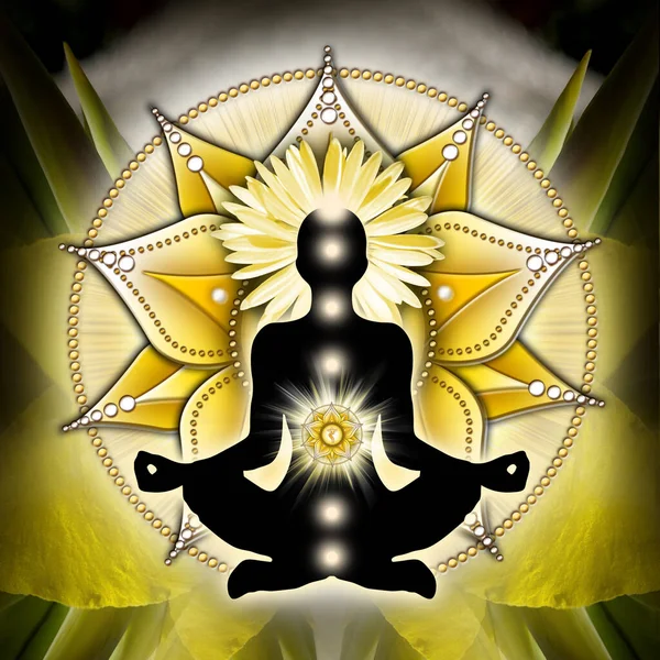 Medytacja Splotu Słonecznego Czakry Lotosu Jogi Przed Symbolem Czakry Manipura — Zdjęcie stockowe