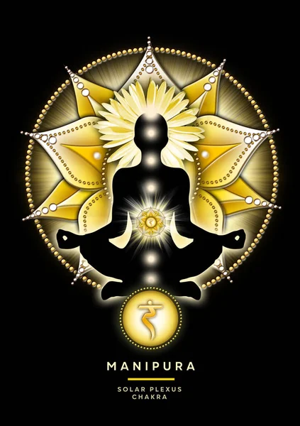 太阳丛脉轮静坐在瑜珈荷花的姿势上 在曼尼普拉脉轮的符号前 还有加拿大的花朵和嫩芽 用于冥想和脉轮能量治疗的和平装饰 — 图库照片