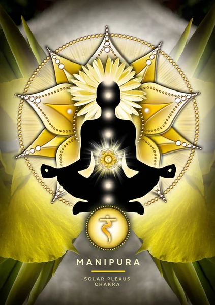 Yoga Nilüferinde Güneş Pleksi Çakra Meditasyonu Manipura Çakra Sembolünün Önünde — Stok fotoğraf