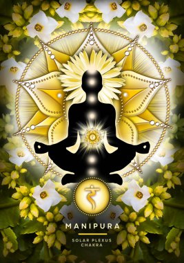 Yoga nilüferinde güneş pleksi çakra meditasyonu, Manipura çakra sembolünün önünde ve çiçek açıp filizlenir. Meditasyon için barışçıl dekor ve çakra enerjisi iyileştirme.