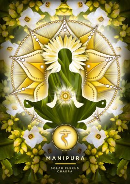 Solar plexus chakra meditation in yoga lotus pose, in front of Manipura chakra symbol and canna blossom and shoots. Peaceful decor for meditation and chakra energy healing. clipart