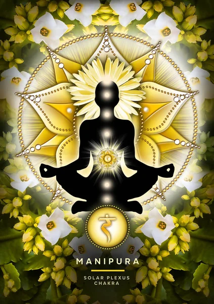 Méditation Solaire Chakra Plexus Dans Pose Lotus Yoga Devant Symbole — Photo
