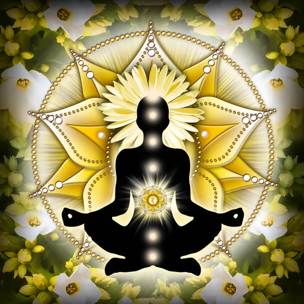 ヨガのハスのポーズで太陽神経叢のチャクラ瞑想 マニプラチャクラのシンボルとカンナの花や芽の前に 瞑想とチャクラエネルギー治癒のための平和的な装飾 — ストック写真