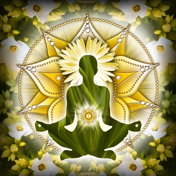 Yoga Nilüferinde Güneş Pleksi Çakra Meditasyonu Manipura Çakra Sembolünün Önünde — Stok fotoğraf