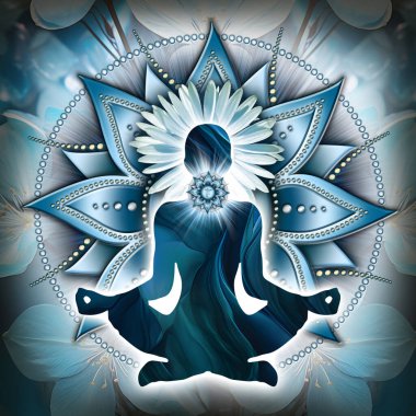 Yoga nilüferinde boğaz çakra meditasyonu Vishuddha çakra sembolü ve mistik taç yapraklarının önünde. Meditasyon için barışçıl dekor ve çakra enerjisi iyileştirme.