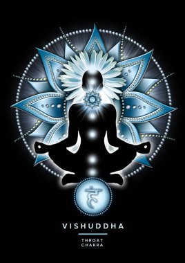 Yoga nilüferinde boğaz çakra meditasyonu Vishuddha çakra sembolü ve mistik taç yapraklarının önünde. Meditasyon için barışçıl dekor ve çakra enerjisi iyileştirme.