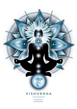 Yoga nilüferinde boğaz çakra meditasyonu Vishuddha çakra sembolü ve mistik taç yapraklarının önünde. Meditasyon için barışçıl dekor ve çakra enerjisi iyileştirme.