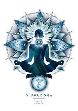 Yoga nilüferinde boğaz çakra meditasyonu Vishuddha çakra sembolü ve mistik taç yapraklarının önünde. Meditasyon için barışçıl dekor ve çakra enerjisi iyileştirme.