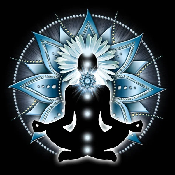 Throat Chakra Meditation Yoga Lotus Pose Front Vishuddha Chakra Symbol — Stock Photo, Image