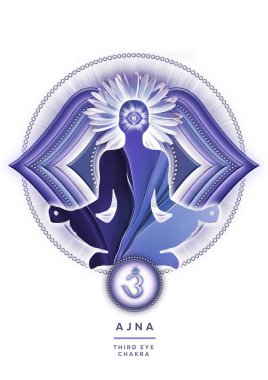 Üçüncü Göz, yoga nilüferinde Ajna çakra sembolünün önünde meditasyon yapıyor. Meditasyon için barışçıl dekor ve çakra enerjisi iyileştirme.