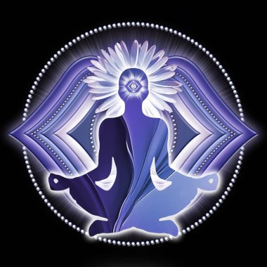 Üçüncü Göz, yoga nilüferinde Ajna çakra sembolünün önünde meditasyon yapıyor. Meditasyon için barışçıl dekor ve çakra enerjisi iyileştirme.