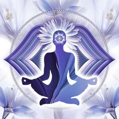 Üçüncü Göz, yoga nilüferinde Ajna çakra sembolünün önünde meditasyon yapıyor. Meditasyon için barışçıl dekor ve çakra enerjisi iyileştirme.