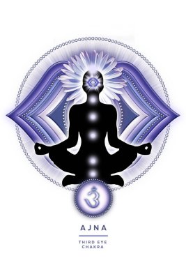 Üçüncü Göz, yoga nilüferinde Ajna çakra sembolünün önünde meditasyon yapıyor. Meditasyon için barışçıl dekor ve çakra enerjisi iyileştirme.
