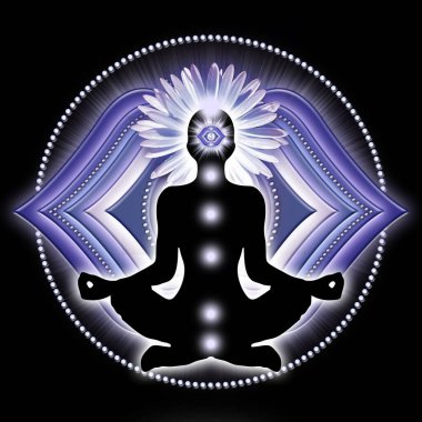 Third Eye meditation in yoga lotus pose, in front of Ajna chakra symbol. Peaceful decor for meditation and chakra energy healing. clipart