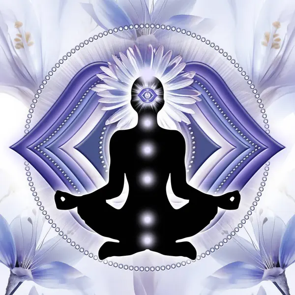 Üçüncü Göz, yoga nilüferinde Ajna çakra sembolünün önünde meditasyon yapıyor. Meditasyon için barışçıl dekor ve çakra enerjisi iyileştirme.
