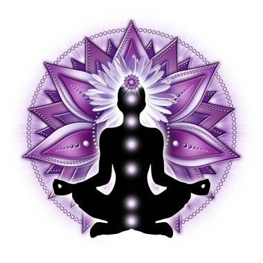 Taç çakra meditasyonu yoga nilüferinde, Sahasrara çakra sembolünün önünde. Kineziyoloji pratisyenleri, masaj terapistleri, reiki ve çakra enerji iyileştiricileri, yoga stüdyoları vs. için destekleyici dekor.