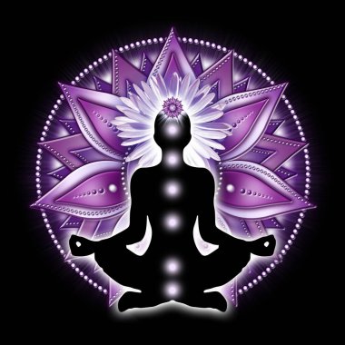 Crown chakra meditation in yoga lotus pose, in front of Sahasrara chakra symbol. A wonderful source of inspiration especially for kinesiology practitioners, massage therapists, reiki and chakra energy healers, yoga studios or your meditation space. clipart