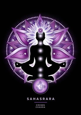 Taç çakra meditasyonu yoga nilüferinde, Sahasrara çakra sembolünün önünde. Özellikle kineziyoloji pratisyenleri, masaj terapistleri, reiki ve çakra enerji iyileştiricileri, yoga stüdyoları ya da meditasyon alanlarınız için harika bir ilham kaynağı..