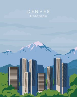 Denver, Colorado, ABD için poster tasarımı. Şehir merkezi, iş merkezi, dağlar, park. Modern tasarım