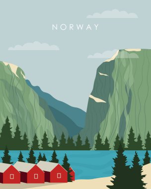  Seyahat posteri. Norveç fiyortları, geleneksel evler, orman, İskandinav tarzı. Posterler, pankartlar, kartpostallar, web siteleri için tasarım.