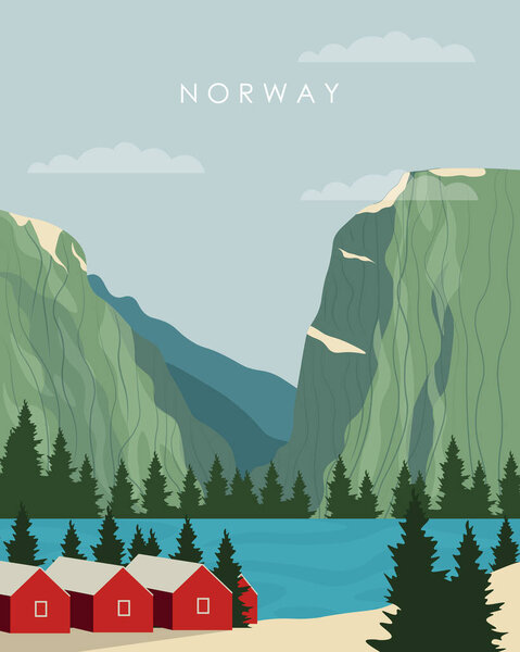  Travel poster. Norway fjords, traditional houses, forest, Scandinavian style. Design for posters, banners, postcards, websites.