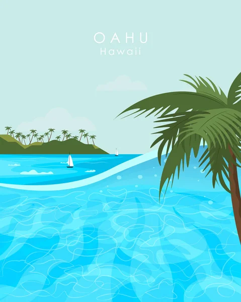 Oahu, Hawaii, ABD 'nin gezici poster manzarası. Turistler adaya palmiye ağaçları, okyanuslar, volkanlar ile seyahat ederler. Pankart, poster, kartpostal tasarlarlar. Vektör illüstrasyonu.