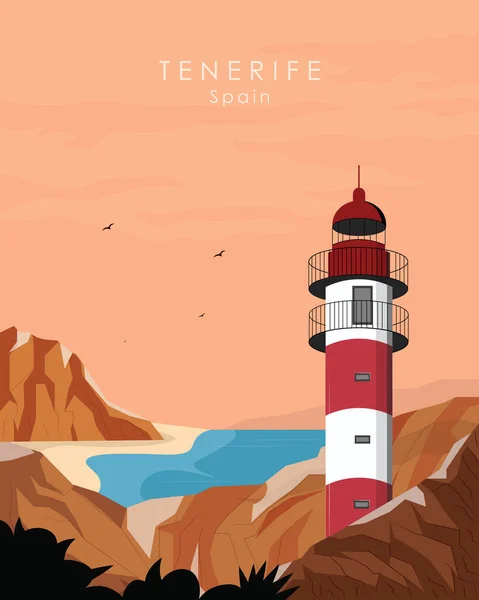 Tenerife, İspanya 'da seyahat posteri. Ada manzaralı