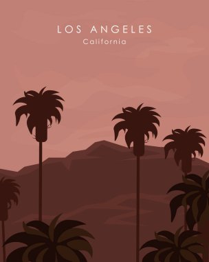 Hollywood, Los Angeles tepelerinin manzarası. ABD. Poster tasarımı.