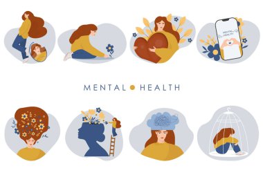 Bir dizi illüstrasyon, akıl sağlığı, kendine bakım, psikoloji. Vektör çizimi. İzole vektör. Psikiyatri. Bilinç bozukluğu. Kadınlar ve depresyon. Yalnızlık.