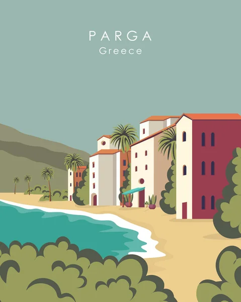 Vektör çizimi. Seyahat posteri. Parga, Yunanistan. İzole vektör. Avrupa seyahati. Poster, pankart, reklam, kartpostal tasarımı.