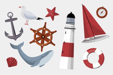 Marine time illustration, lighthouse, anchor, helm, coral, whale, lifebuoy, seagull, boat. Set of vector elements. clipart