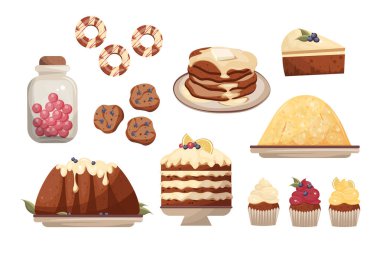 Pastane, şekerci dükkanı, şekerci. Tasarım elemanları. İzole vektör. Kekler, kekler, kekler, cheesecake, çörekler, jöle, kurabiyeler.
