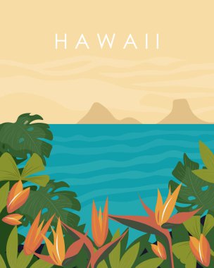  Vektör çizimi. Hawaii, Amerika, ABD. Tropik Oahu adası. Poster ve kartpostallar için tasarım.