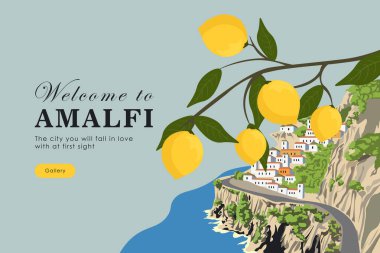  Vektör çizimi. Amalfi, İtalya 'dan web sitesi tasarımı. Seyahat sitesi, iniş sayfası.