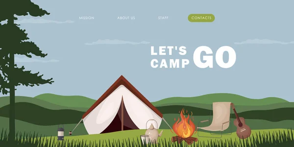  Kamp için vektör illüstrasyonu, web sitesi tasarımı. İzole vektör. Turizm, seyahat, tatil, orman tatili, kamp..