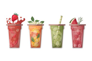  Vektör çizimi. Sulu yaz kokteylleri hazır. Çilekli kokteyl, mojito, karpuz kokteyli. Meyve suları. Kokteyl partisi, kafe menüsü. Vektör elementleri kümesi, izole vektör. Yaz zamanı.