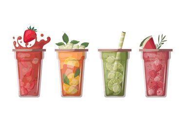  Vector illustration. Juicy summer cocktails set. Strawberry cocktail, mojito, watermelon cocktail. Fruit juices. Cocktail party, cafe menu. Set of vector elements, isolated vector. Summer time clipart