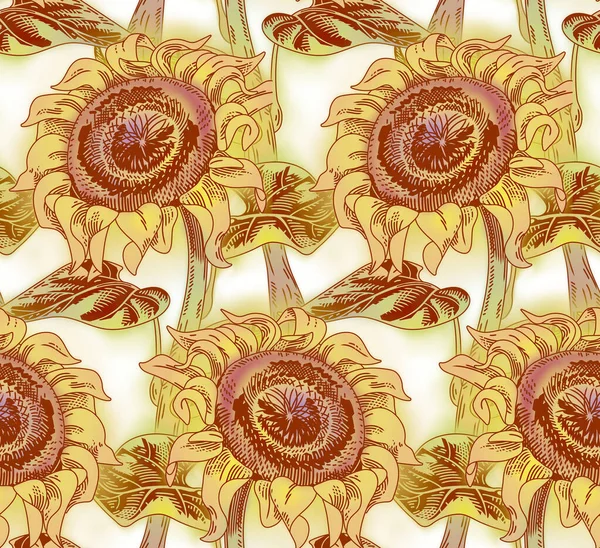 stock image Sunflower flowers with stem and leaves isolated on a white background. Engraved vintage style with wet color silhouette. Vector seamless pattern