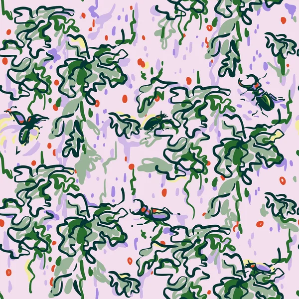 Зелене Дубове Листя Жуки Абстрактному Тлі Одягу Текстилю Упаковки Дизайну — стоковий вектор