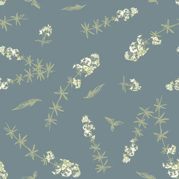 长有花和青草叶子的白色草皮百合花 纺织品 包装纸用花 素描风格 手绘矢量无缝模式 — 图库矢量图片