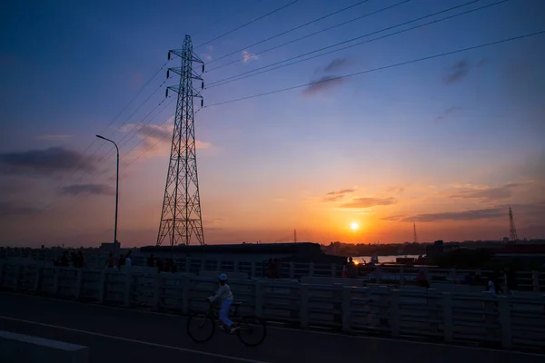 Silhuett Högspänningsledningen Vid Solnedgången Narayanganj Bangladesh — Stockfoto
