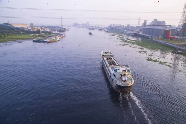 Stock image Aerial view Landscape of Sand bulkheads ships with Industrial zone in Sitalakhya River, Narayanganj, Bangladesh