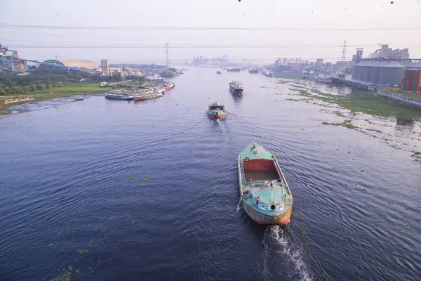 stock image Aerial view Landscape of Sand bulkheads ships with Industrial zone in Sitalakhya River, Narayanganj, Bangladesh