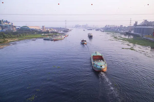 stock image Aerial view Landscape of Sand bulkheads ships with Industrial zone in Sitalakhya River, Narayanganj, Bangladesh