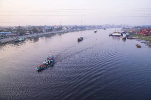 stock image Aerial view Landscape of Sand bulkheads ships with Industrial zone in Sitalakhya River, Narayanganj, Bangladesh