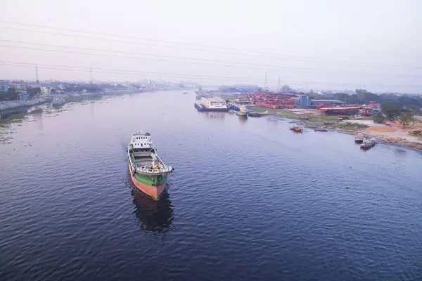 stock image Aerial view Landscape of Sand bulkheads ships with Industrial zone in Sitalakhya River, Narayanganj, Bangladesh