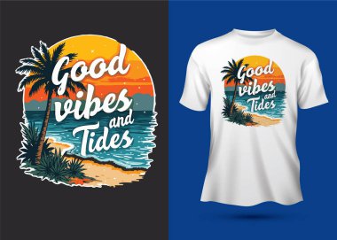İyi titreşimler ve Ocean Tides sloganı: retro illüstrasyon deniz plajı yaz titreşimleri tipografi motivasyon alıntıları tişört tasarımı şablonu