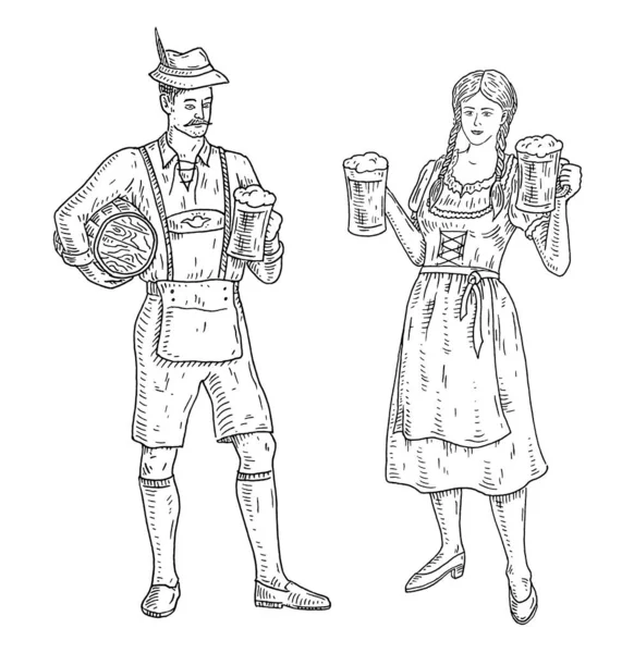 Άνδρας Και Γυναίκα Φορώντας Ένα Παραδοσιακό Βαυαρικό Φόρεμα Σορτς Κρατώντας — Διανυσματικό Αρχείο