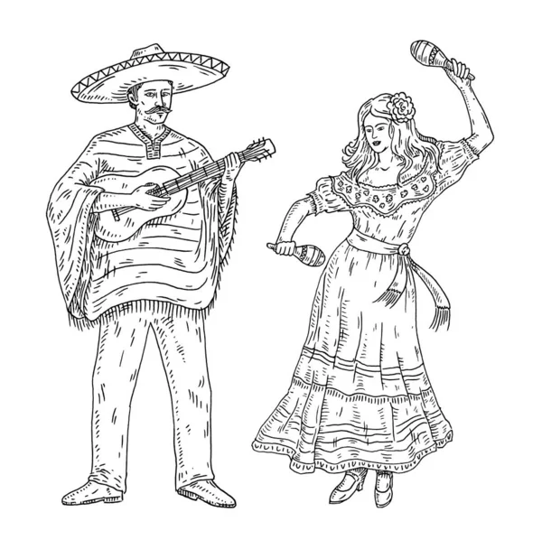 Homem Vestido Tradicional Mexicano Poncho Sombrero Tocando Guitarra Mulher Dançar —  Vetores de Stock